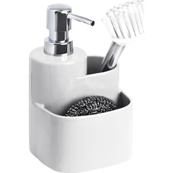 Držák na kartáček BISK Erga Basic, keramický kuchyňský organizér s dávkovačem saponátu 3ks, bílá, ERG-07871