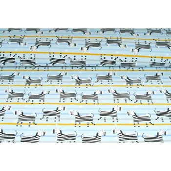 Úplet jednolíc, zebry na světle modrém podkladu, tričkovina, látky, metráž