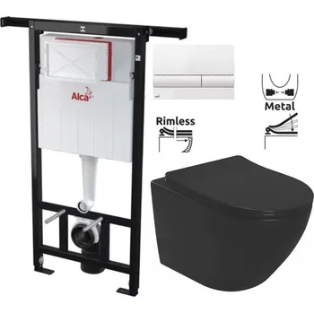 Klozet Předstěnový instalační systém s bílým tlačítkem M1710 + WC REA CARLO MINI RIMLESS ČIERNY MAT + SEDADLO AM102/1120 M1710 MM1