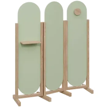 Paraván ATMOSFERE ROUND 416, dřevěný 3-dílný paraván, mobilní, výška 1600 mm, rám dub bardolino, výplň šedo-zelinkavá, polička, věšák