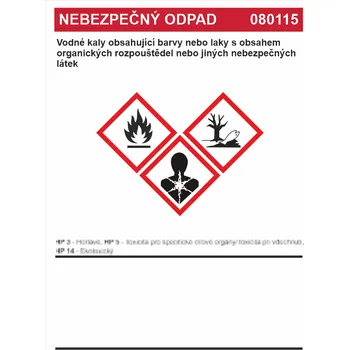 Značení Nebezpečný odpad 080115 Vodné kaly obsahující .... samolepící vinylová fólie A7 (105 x 74 mm)