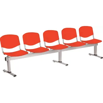 VINCENZA - 5, plastová lavice do čekárny, 5-sedák, červená, kostra stříbrná