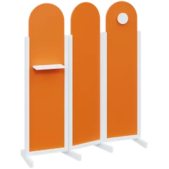 Paraván ATMOSFERE ROUND 216, dřevěný 3-dílný paraván, mobilní, výška 1600 mm, rám bílá, výplň pomeranč, polička, věšák