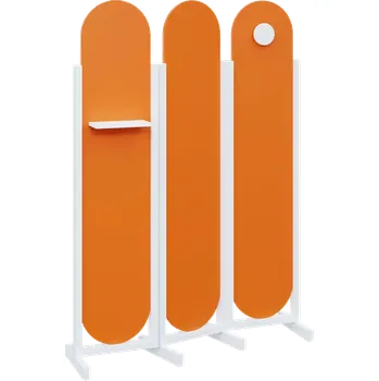 Paraván ATMOSFERE ROUND 419, dřevěný 3-dílný paraván, mobilní, výška 1900 mm, rám bílá, výplň pomeranč, polička, věšák