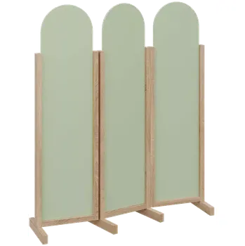 Paraván ATMOSFERE ROUND 116, dřevěný 3-dílný paraván, mobilní, výška 1600 mm, rám dub bardolino, výplň šedo-zelinkavá