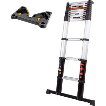 Železářství Hliníkový žebřík teleskopický, profesionální, kvalitní zpracování, délka žebříku 3,81 m, s indikátorem úhlu, max. pracovní výška 4,81 m, 12 příček, nosnost 150 kg, včetně stojanu a zásobníku na nářadí BATAVIA (BATAVIA)