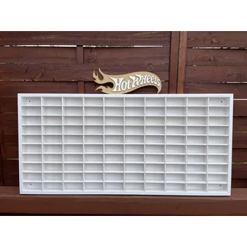 Dřevěná hračka Dřevěná polička na autíčka 100ks bílá s nápisem Hot Wheels