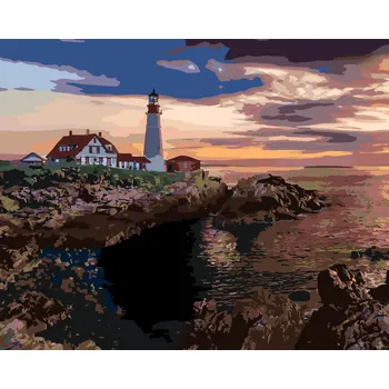 ZUTY Malování podle čísel - MAJÁK A ZÁPAD SLUNCE, USA (TED DAVIS) Rozměr: 40x50 cm, Rámování: vypnuté plátno na rám