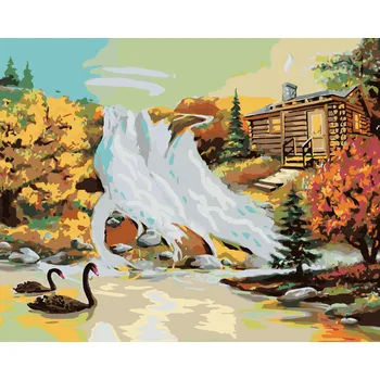 ZUTY Malování podle čísel - LABUTĚ NA JEZEŘE A CHATA (D. RUSTY RUST) Rozměr: 40x50 cm, Rámování: bez rámu a bez vypnutí plátna