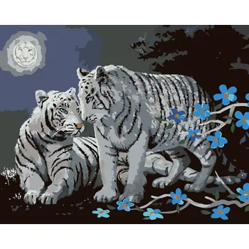 ZUTY Malování podle čísel - BÍLÝ TYGR, MODRÉ KVĚTINY A ÚPLNĚK (D. RUSTY RUST) Rozměr: 40x50 cm, Rámování: bez rámu a bez vypnutí plátna
