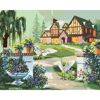 ZUTY Malování podle čísel - VOLAVKY U RŮŽOVÉHO DOMU ZA ÚSVITU (D. RUSTY RUST) Rozměr: 40x50 cm, Rámování: vypnuté plátno na rám