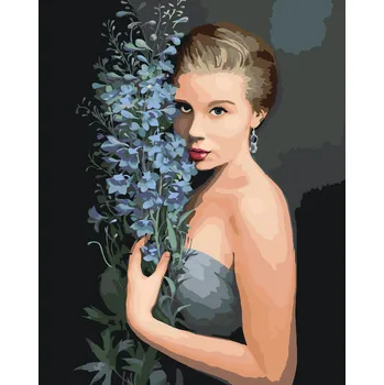 ZUTY Malování podle čísel - BLONĎATÁ ŽENA A MODRÉ KVĚTINY (PIETER WAGEMANS) Rozměr: 40x50 cm, Rámování: bez rámu a bez vypnutí plátna