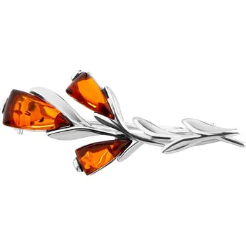 Brož Stříbrná brož s jantarem - květiny - AP524-9918