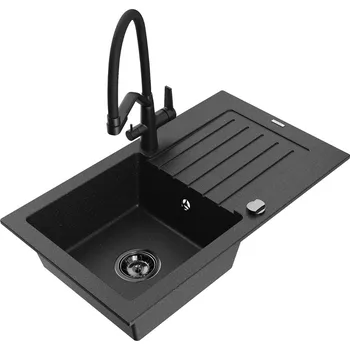 Granitový dřez MEXEN/S - Pablo granitový dřez s odkapávačem včetně baterie Duo, černá/stříbrná metalik 6510-73-671701-70-B