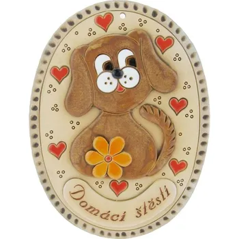 Keramická placka se psem "Domácí štěstí" 21 cm (Keramická kachle ovál se psem a nápisem)