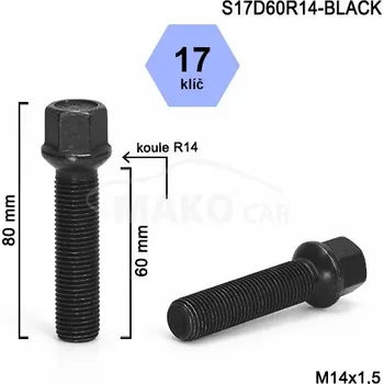 Šroubek na kolo Kolový šroub M14x1,5x60mm, dosedací plocha koule R14, klíč 17, černá pozink (Šroub na kola)
