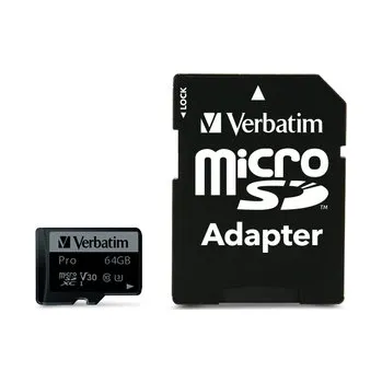 Paměťová karta Paměťová karta "PRO", microSDXC, 64GB, CL10/U3, 90/45 MB/s, adaptér, VERBATIM