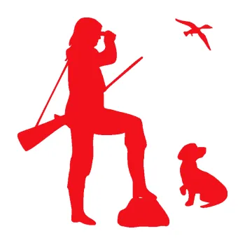 Polep vozidla SAMOLEPKA Lov 003 pravá myslivkyně se psem (10 - červená) NA AUTO, NÁLEPKA, FÓLIE, POLEP, TUNING, VLASTNÍ TEXT, TISK, AUTOSAMOLEPKY.cz, POLEPY, OBRÁZEK, LOGO, SAMOLEPKY