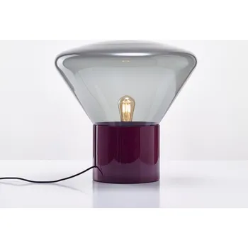 Stojací lampa Brokis MUFFINS WOOD 02 ANNIVERSARY stolní/stojací svítidlo Barva skla: cognac - transparentní sklo, Barva el. vedení: textilní kabel - tmavě šedý, Podstava: červený mramor matovaný