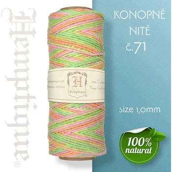 Nit Konopná nit HEMP CORD síla nitě 1,0mm. METRÁŽ Barva č.71 Zeleno-Růžová