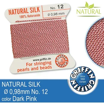 Nit Hedvábná nit s jehlou GRIFFIN síla nitě 0,98mm No.12 délka 2m. Barva Dark Pink