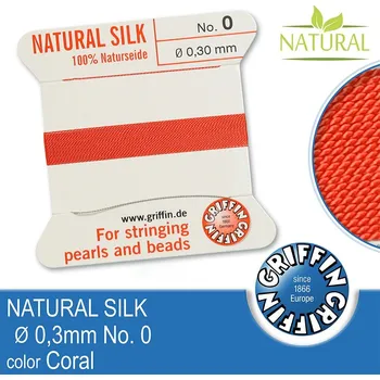 Nit Hedvábná nit s jehlou GRIFFIN síla nitě 0,3mm No.0 délka 2m. Barva Coral.