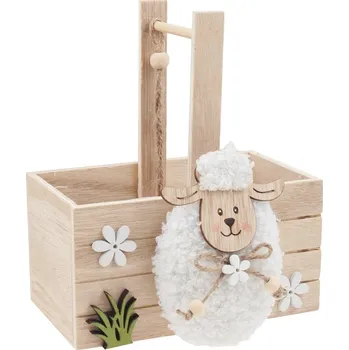 Velikonoční dekorace Košík dřevěný s ovečkou 14 x 18 cm 7334