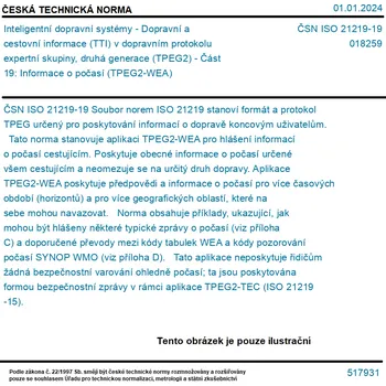 ČSN ISO 21219-19 - Inteligentní dopravní systémy - Dopravní a cestovní informace (TTI) v dopravním protokolu expertní skupiny, druhá generace (TPEG2) - Část 19: Informace o počasí (TPEG2-WEA) - Tisk