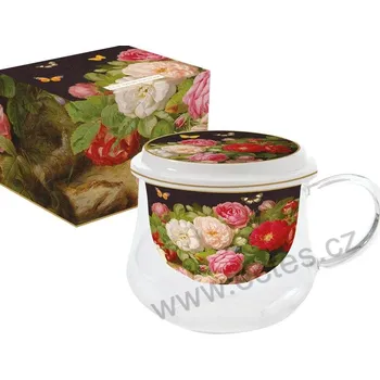 Easy Life VICTORIAN GARDEN skleněný čajový hrnek s porcelánovým sítkem a víčkem rozkvetlé květy a malí motýlci 275ml