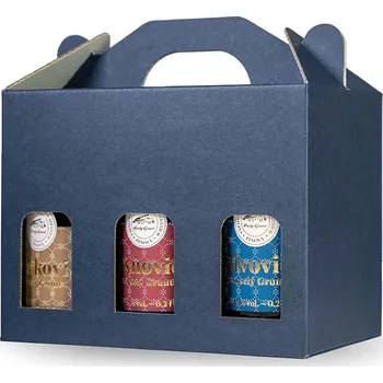 Dárkový potravinový koš Veselý Grunt Degustační sada 6 x 0,2l (slivovice, hruškovice, v