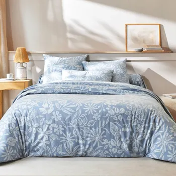 Povlečení Blancheporte Flanelové povlečení Céline s potiskem rostlin modrá napínací prostěradlo 90x190 cm