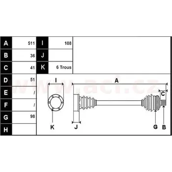 přední poloosa AVORD délka 511mm, 36 drážek u kola, 6 šroubů u převodovky AUT, bez ABS kroužku, L, repasovaný originál (+vratná