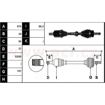 přední poloosa AVORD délka 674mm, 30 drážek u kola, 31 drážek u převodovky AUT, vč. ABS kroužku, L, repasovaný originál (+vratn