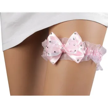 Podvazkový pás Svatební podvazek mašle s kamínky - 2 růžová sv.