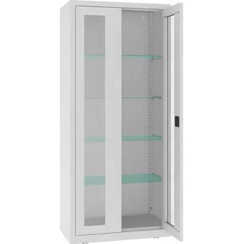 Kovová lékárenská skříň s prosklenými dveřmi, skleněné police, dvoukřídlé dveře, š x h x v: 800x435x1800 mm, barva šedá RAL7035