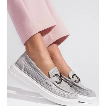 Dámské mokasíny Klasické dámské mokasíny šedo-stříbrné bez podpatku 36