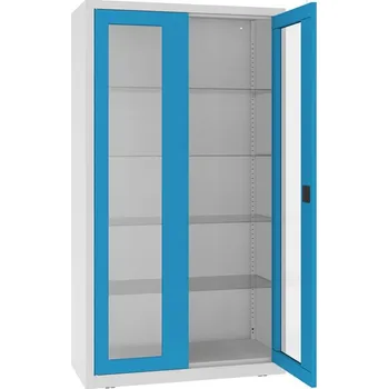 Kovová skříň s prosklenými dveřmi, kovové police, dvoukřídlé dveře, š x h x v: 1000x435x1800 mm, barva dveří modrá RAL5012