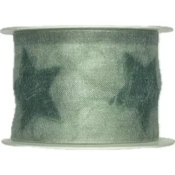 Stuha Vánoční organzová stuha GREEN STARS světle zelená 40mm x 2m (Stuha organzová, oboustranná, potisk hvězd, s vlascem v lemu)