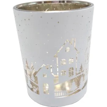 Vánoční svícen Svícen skleněný L bílé domky 13*10cm 9306105A