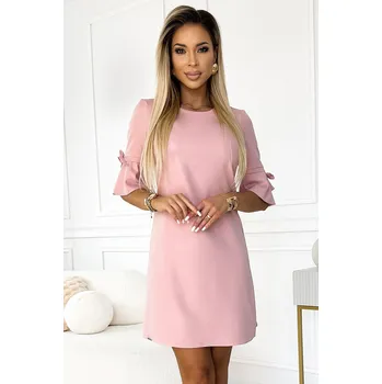 Dámské šaty 217-9 NEVA Trapézové šaty s rozšířenými rukávy - pudrově růžové se třpytkami XL