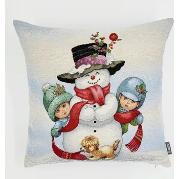 Dekorativní polštářek BYTEMA Vánoční gobelínový povlak SNĚHULÁK S DĚTMI 45 x 45 cm