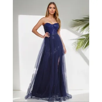 Dámské šaty Večerní áčkové šaty s tylem a odhaleným topem Barva: Tmavě Modrá, Velikost: M
