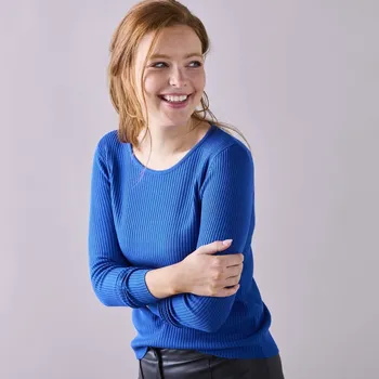 Dámská móda Žebrovaný pulovr s kulatým výstřihem zářivě modrá 52