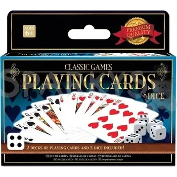 Klasické hry – 2 balíčky hracích karet a 5 kostek