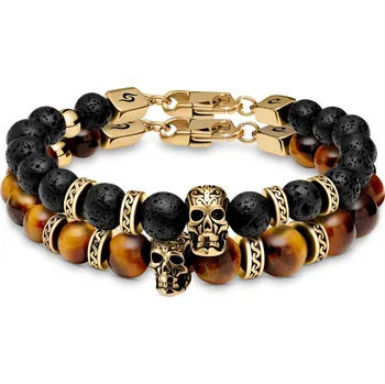 Náramek Rico náramky z lávových kamenů a tygřího oka s lebkou ve zlaté barvě - Arkai