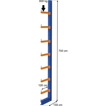 Dílenský regál Jednostranný konzolový regál MECALUX 0+7, výška 750 cm, nosnost na rameno 600 kg - 1 modul