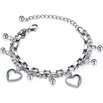 Náramek Zdvojený ocelový náramek - lesklá vroubkovaná srdíčka, kuličky, stříbrná barva