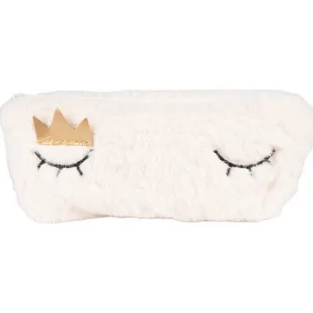 Kosmetická taška Bílá plyšová toaletní taštička s očky a korunkou - 21*2*10 cm