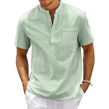 Lněná pánská košile s náprsní kapsou a knoflíky Barva: Zelená, Velikost: S