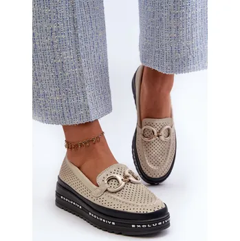 Dámské mokasíny Dámské kožené mokasíny na platformě s ozdobou S.Barski LR750 Barva: Zlatá, Velikost: 41
